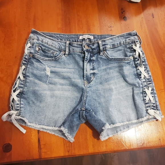 Dear John Side White Tie String Detail Blue Denim CutOff Shorts Size 29 Distress - Picture 1 of 11